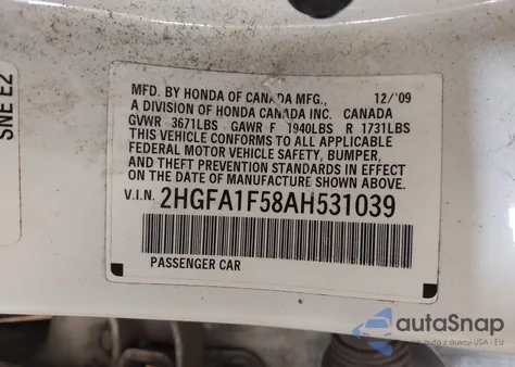 2010 Honda Civic Lx from USA, damaged, VIN 2HGFA1F58AH531039
